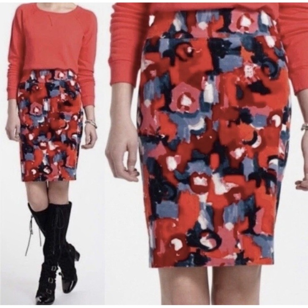 Anthropologie Vanessa Virginia Painterly Floral Corduroy Pencil Skirt, Red - 0